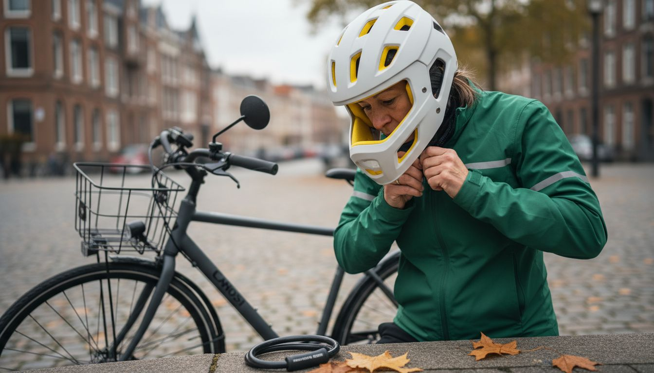 Un cycliste ajuste son casque, vêtu d’un équipement de sécurité bien visible.