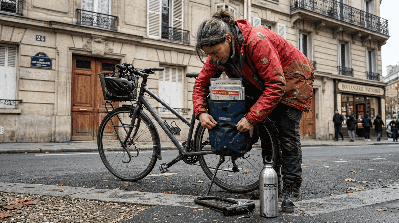 Le cycliste glisse ses affaires dans la sacoche étanche fixée sur son vélo.