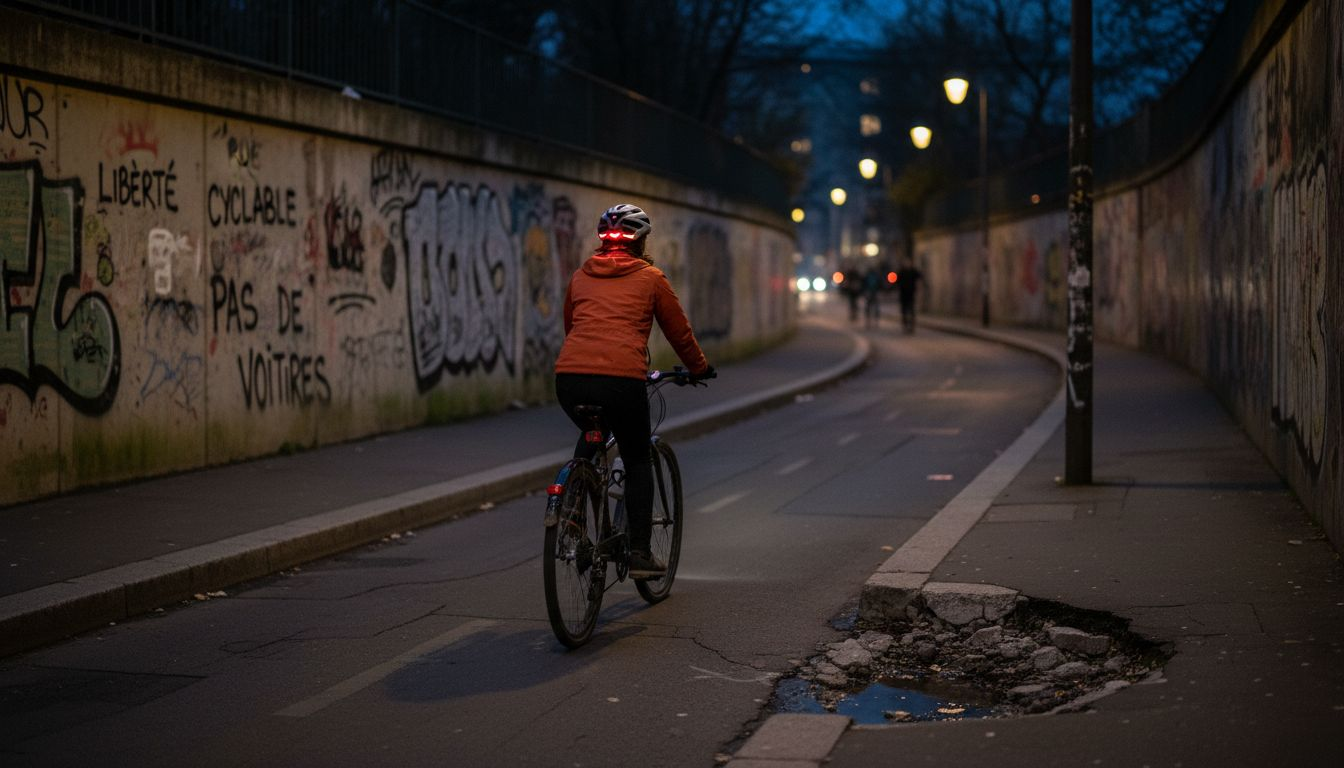 Un cycliste équipé d’un casque à LED pédale au crépuscule.