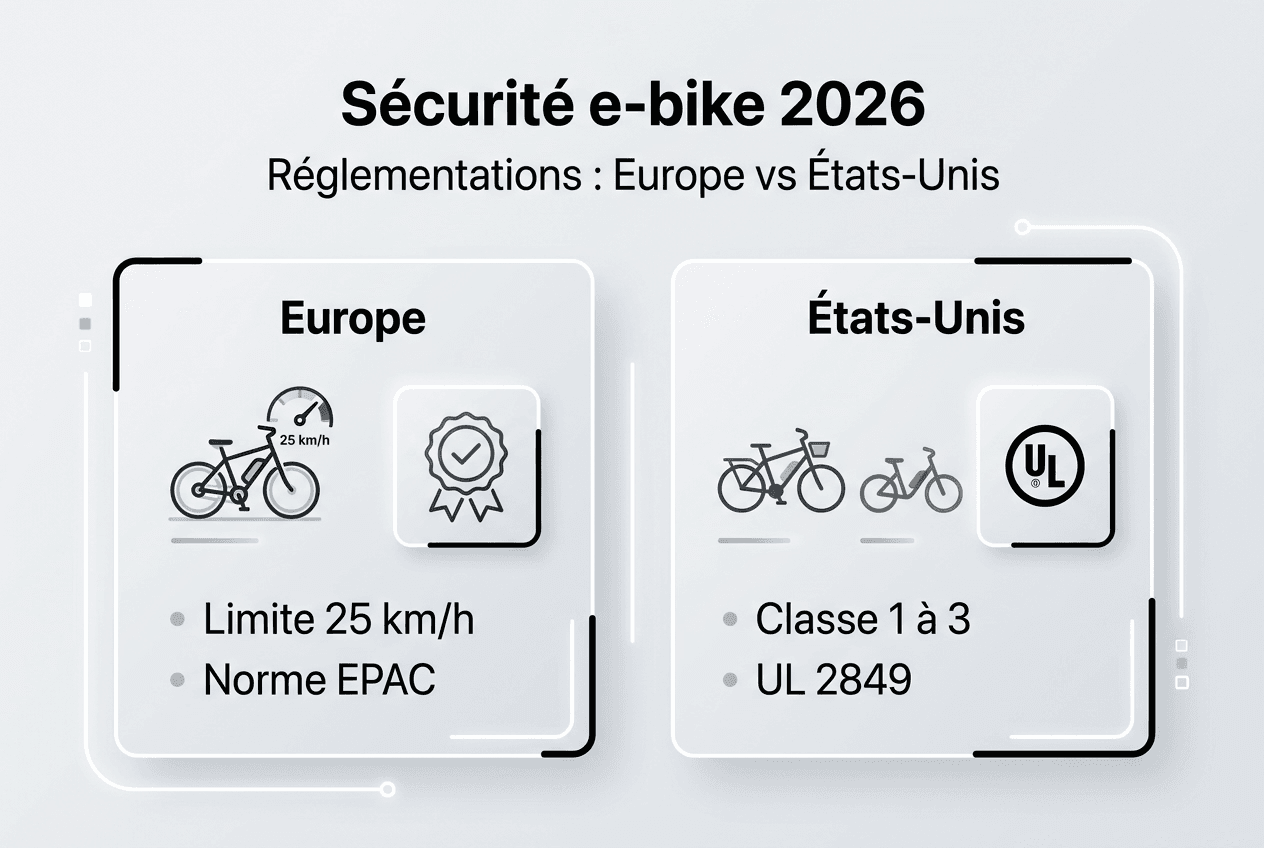 Comparatif des réglementations de sécurité pour les vélos électriques : Europe vs États-Unis (infographie)