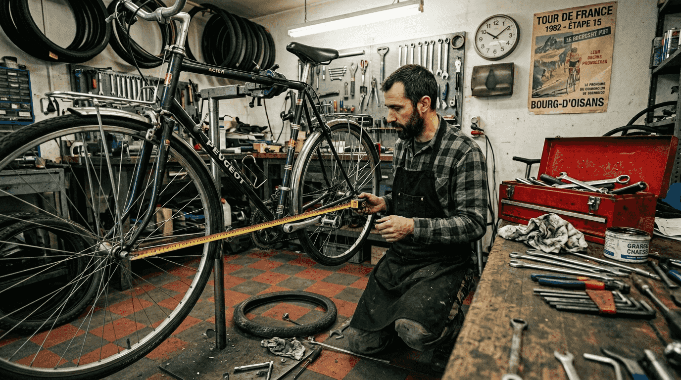 Un mécanicien prend les mesures d’un cadre de vélo dans son atelier.