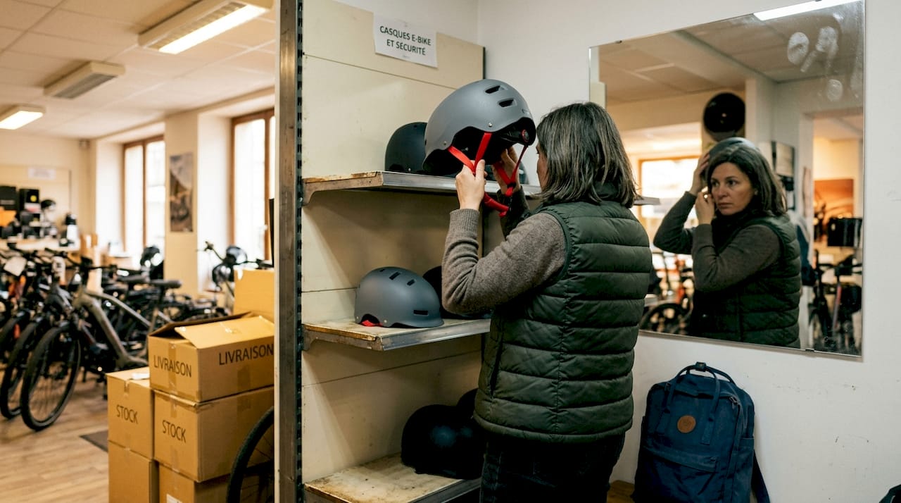 Cliente testant des casques e-bike en boutique