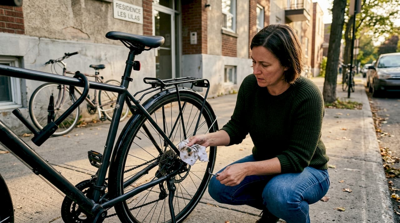 Une femme prend soin de son vélo urbain en nettoyant les freins devant son immeuble.