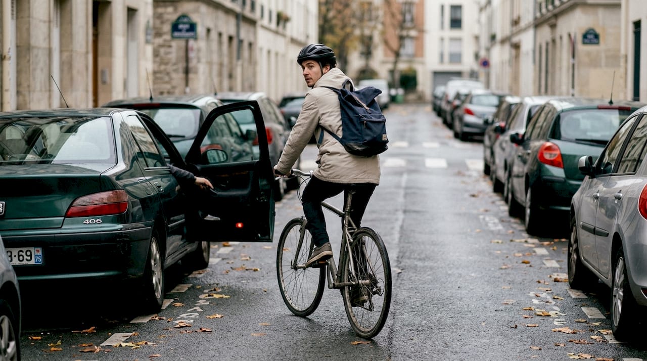 Un cycliste qui esquive une portière de voiture brusquement ouverte sur la chaussée.
