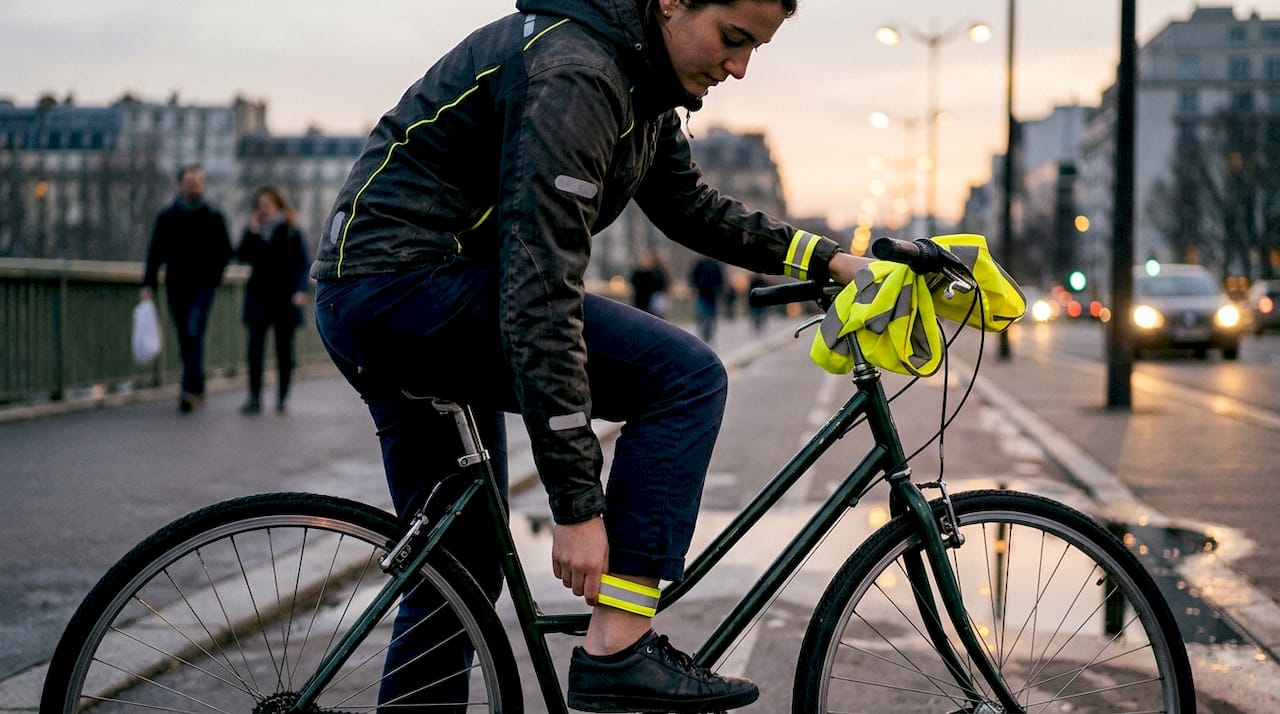 Un cycliste ajuste ses bandes réfléchissantes autour des chevilles et des poignets.
