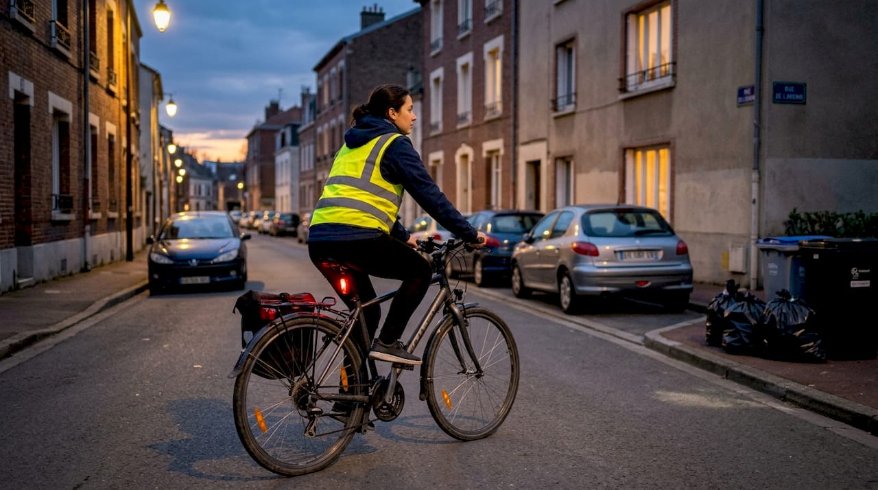 Un cycliste équipé de vêtements réfléchissants pour rouler en toute sécurité la nuit.