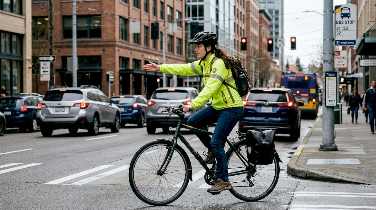 Cyclist uses hand signal in city traffic