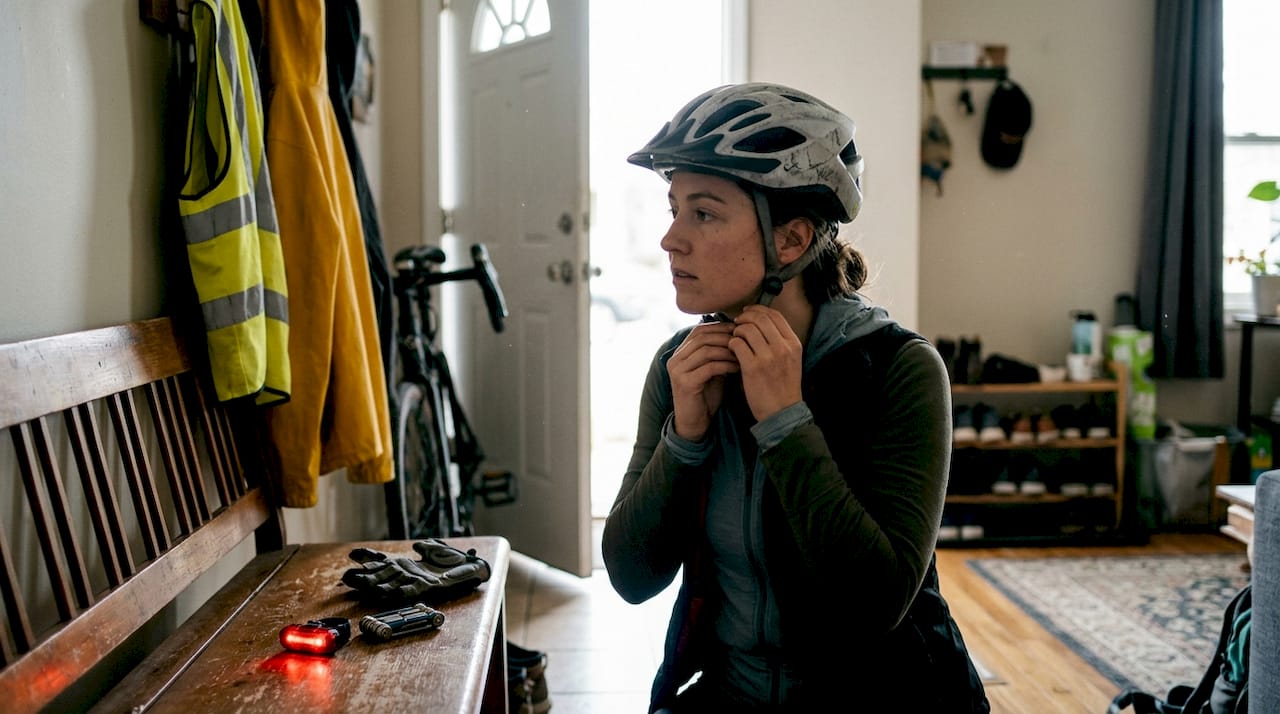Cyclist prepares helmet and urban safety gear