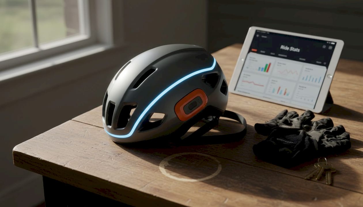 Closeup of connected helmet tech features
