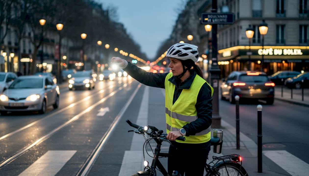Un cycliste règle son éclairage au niveau d’un passage piéton en ville.