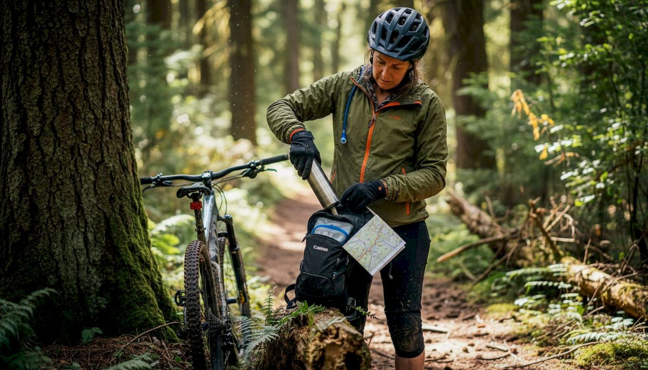 Cyclist refilling hydration pack trail side