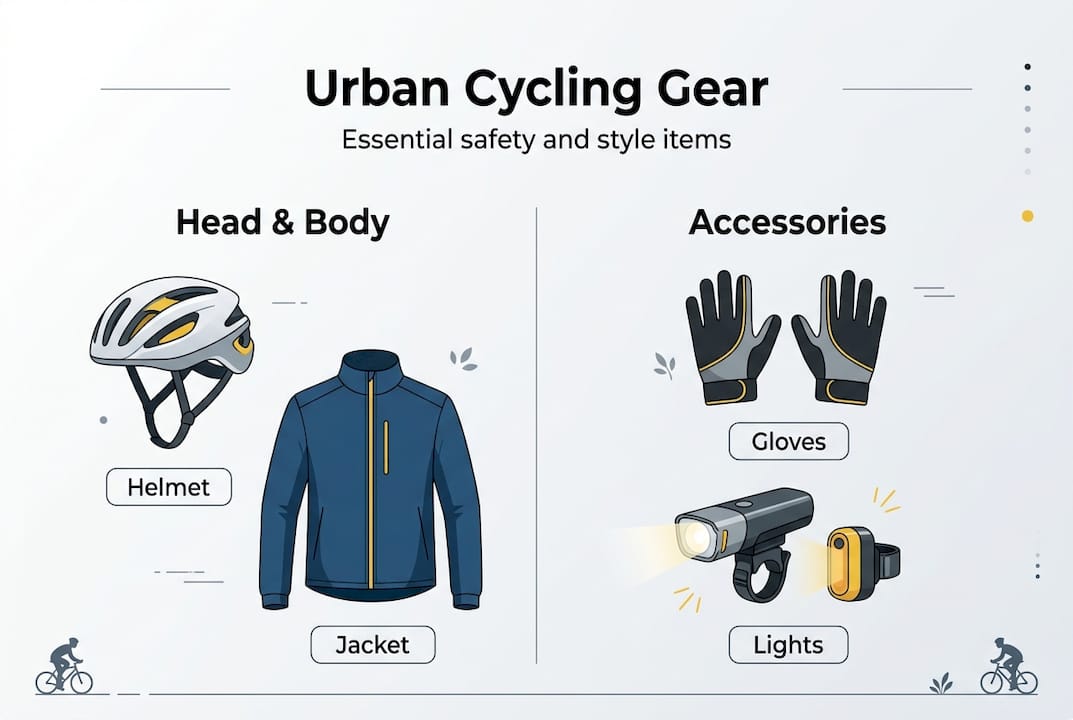 Infographic with helmet, jacket, gloves, and lights