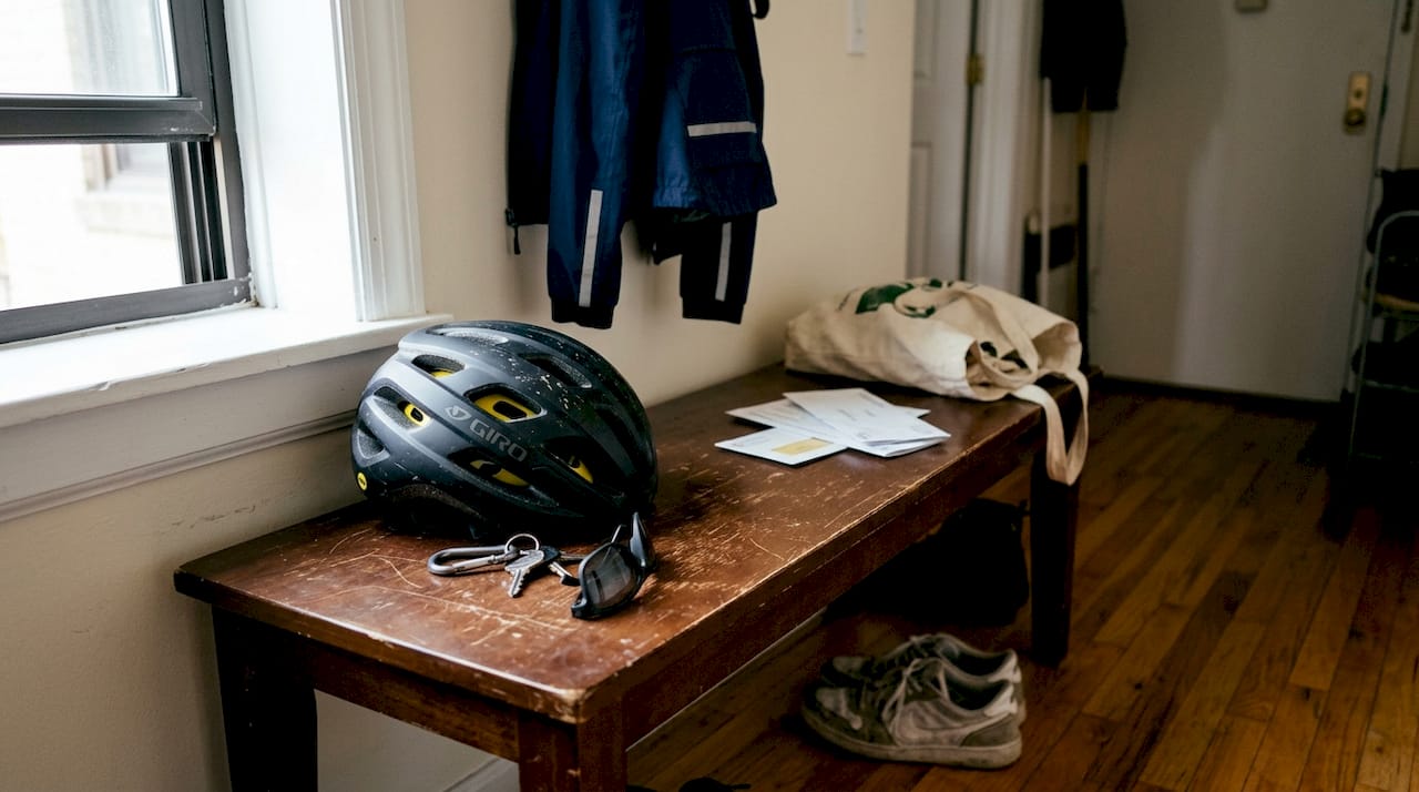 Modern urban helmet and cycling gear indoors