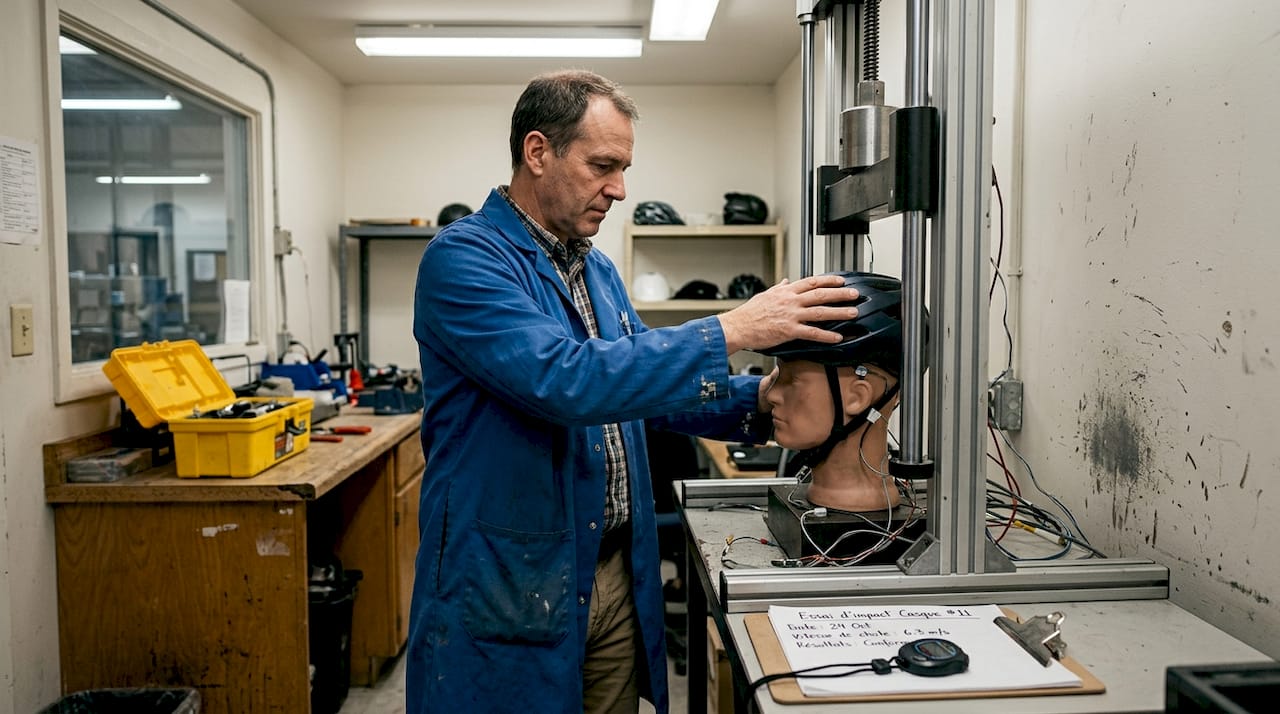 Un technicien s'apprête à effectuer des tests de sécurité sur un casque dans le laboratoire.