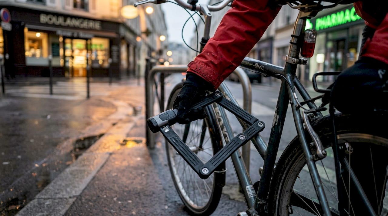 Un cycliste attache son vélo avec un antivol pliant ultra sécurisé.