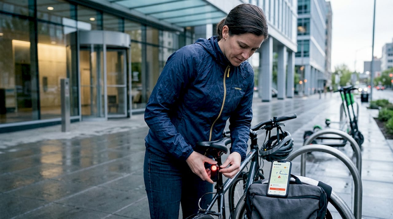 Cyclist attaching radar tail light to bike