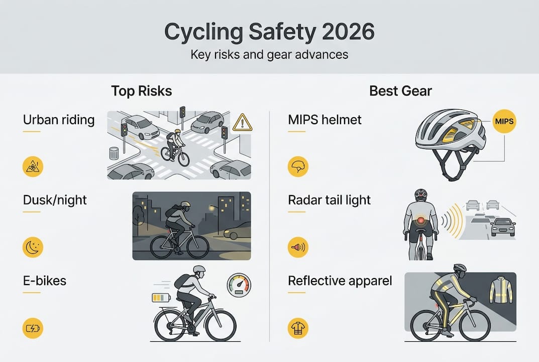 Infographic with top cycling risks and 2026 gear