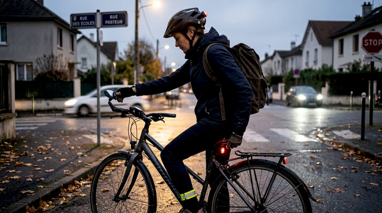 Un cycliste allume ses éclairages LED pour rouler en toute sécurité une fois la nuit tombée.