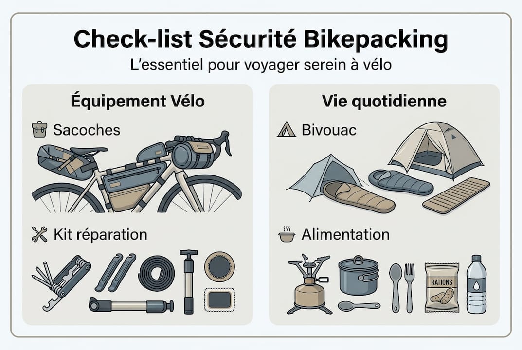 Infographie : la check-list illustrée pour partir en bikepacking en toute sécurité