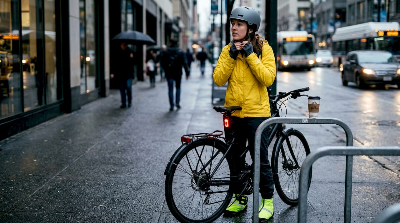 Commuter securing helmet with safety gear visible