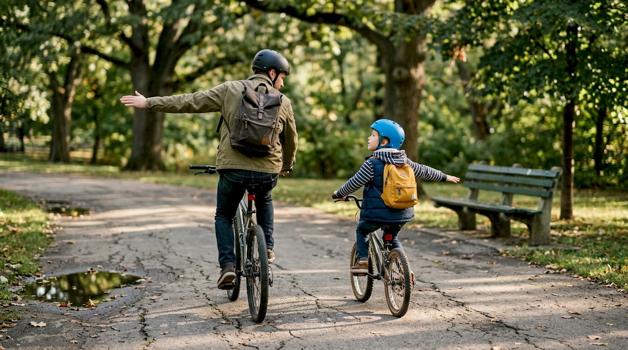 Parent models cycling hand signals together