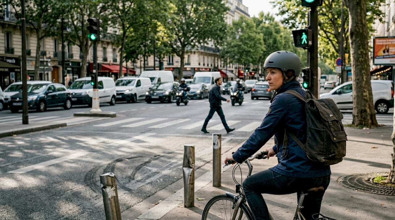 Un cycliste patient au feu rouge, prêt à traverser l'intersection en ville.
