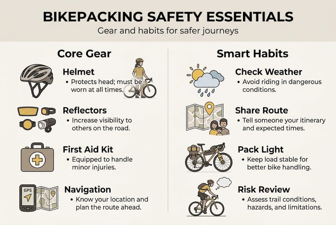 Infographic shows key bikepacking safety gear and tips