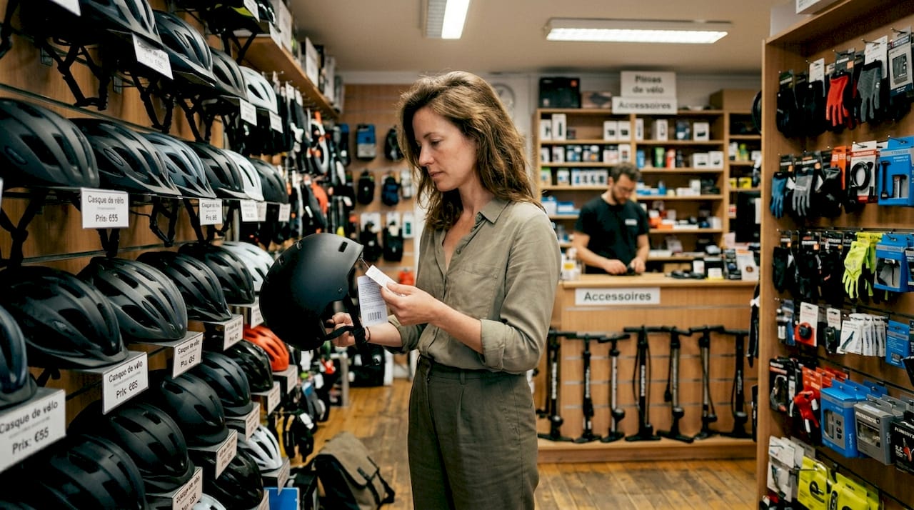 Une femme examine l’étiquette d’un casque dans un magasin de sport.