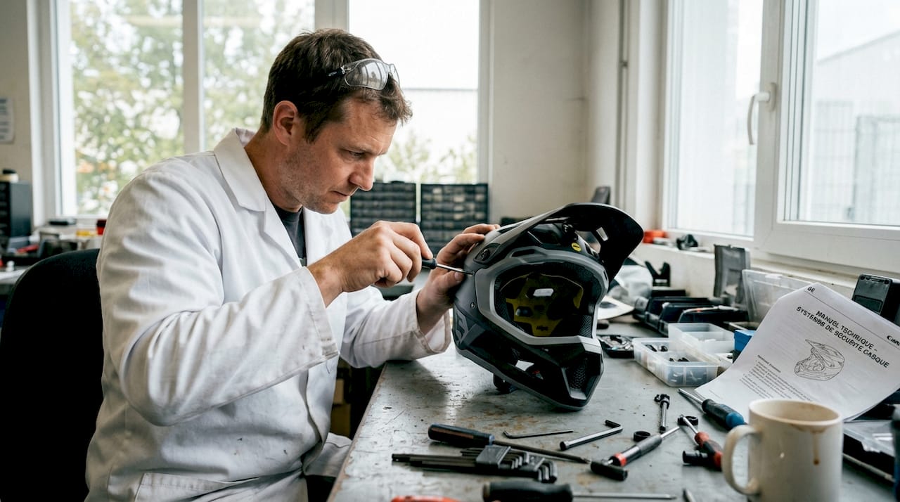 Un spécialiste procède à une vérification minutieuse d’un casque de vélo équipé de la technologie MIPS.