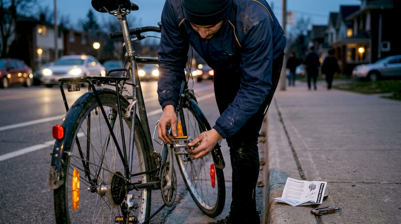 Cyclist checking pedal reflector at dusk