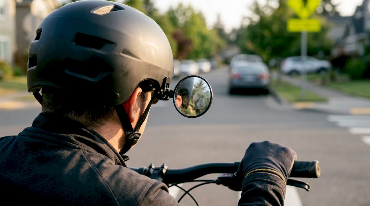 Close-up of helmet-mounted cycling mirror