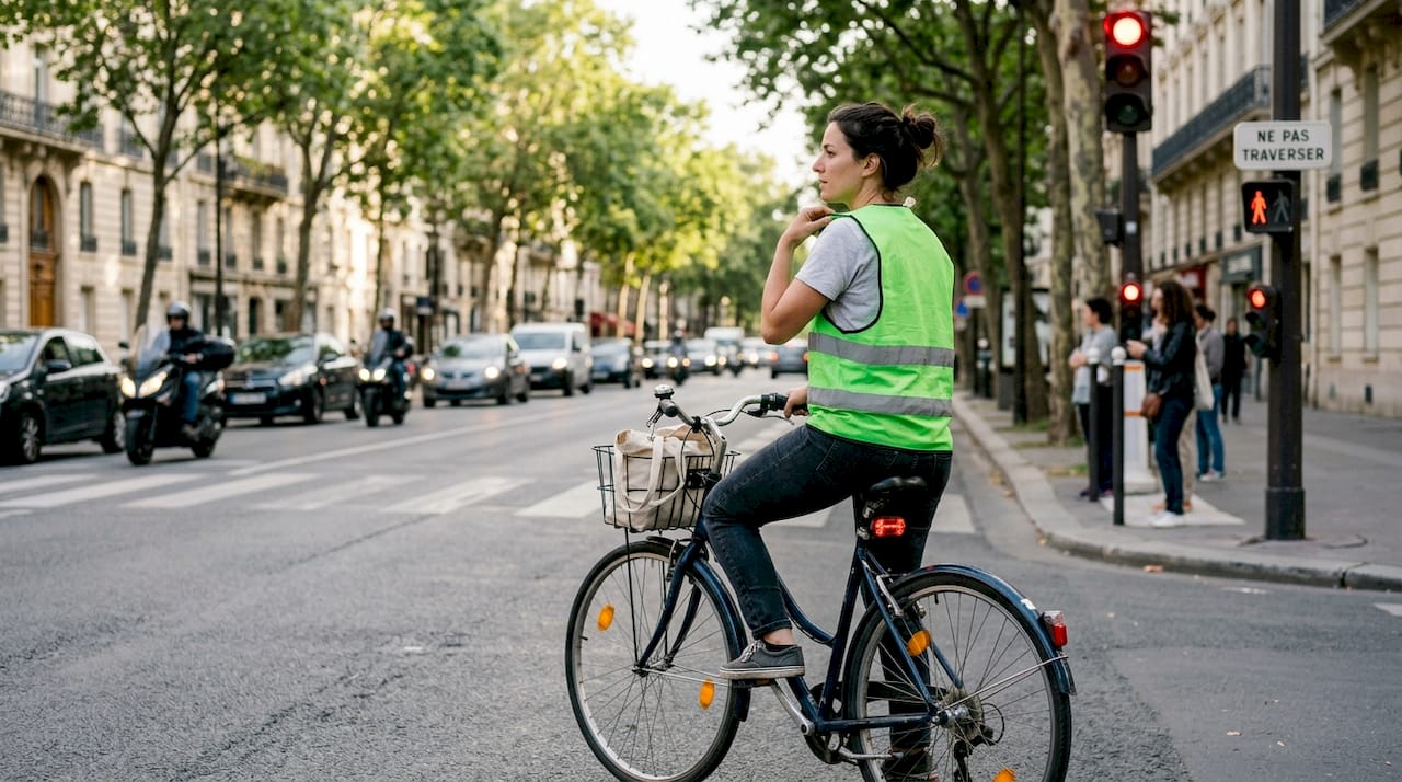 Un cycliste profite d’un arrêt au feu rouge pour réajuster son gilet fluorescent.