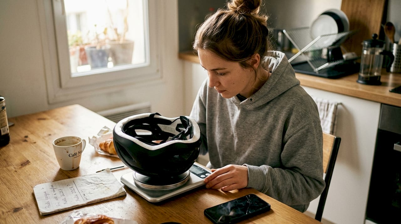 Dans sa cuisine, une femme pose son casque de vélo sur la balance pour en vérifier le poids.
