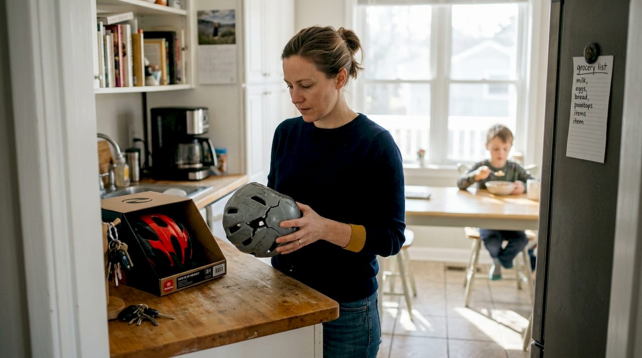 Woman replaces cracked bike helmet in kitchen