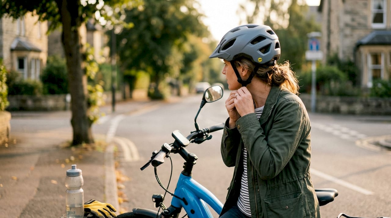 Un adulte ajuste son casque de protection dernière génération avant de monter sur son vélo électrique.