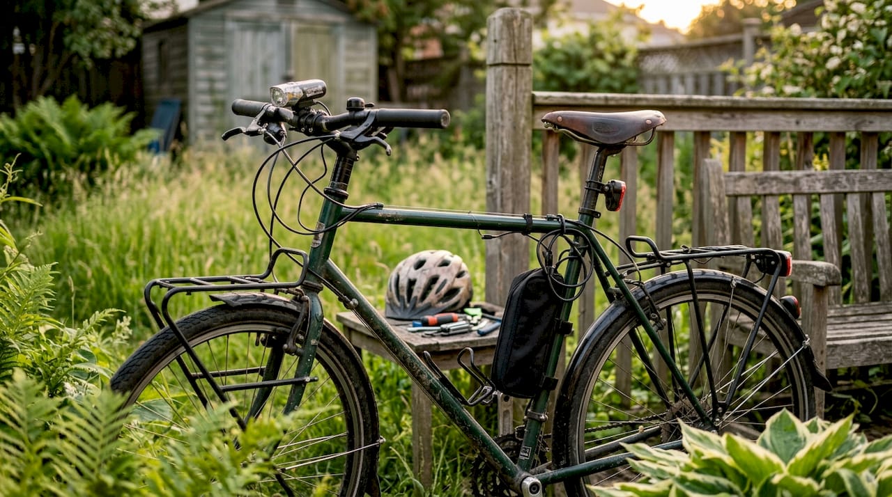 Vélo équipé de lumières à dynamo et d’un port USB, idéal pour rouler en extérieur