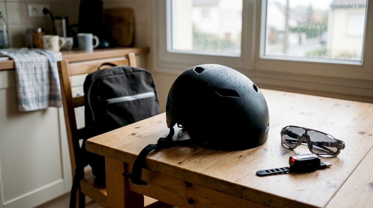 Un casque de vélo dernier cri posé sur la table de la cuisine