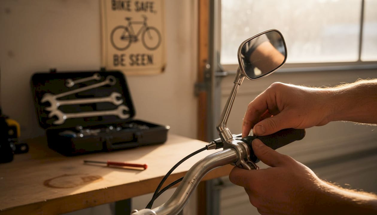 Hands adjusting stable clamp of bike mirror