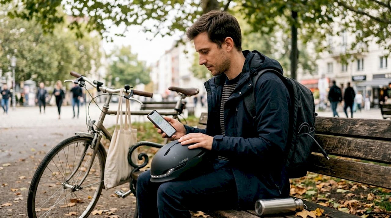 Cyclist with smart helmet and bike in park