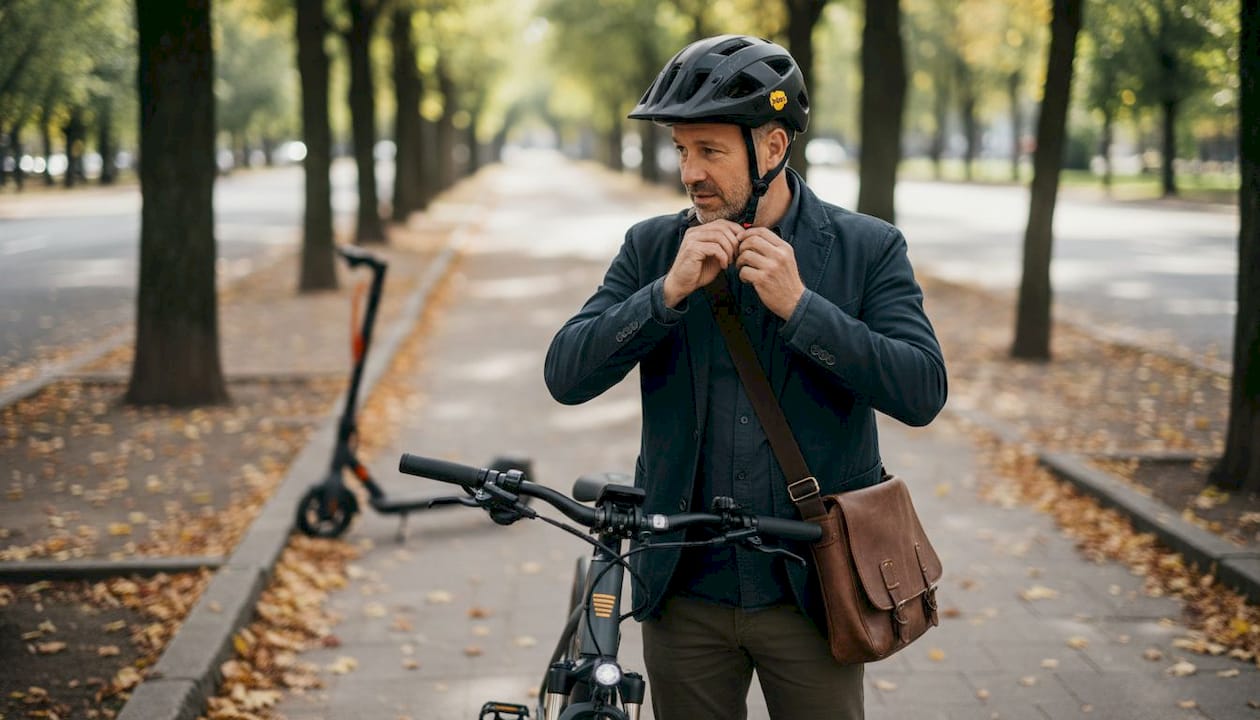 Commuter fastens helmet next to e-bike