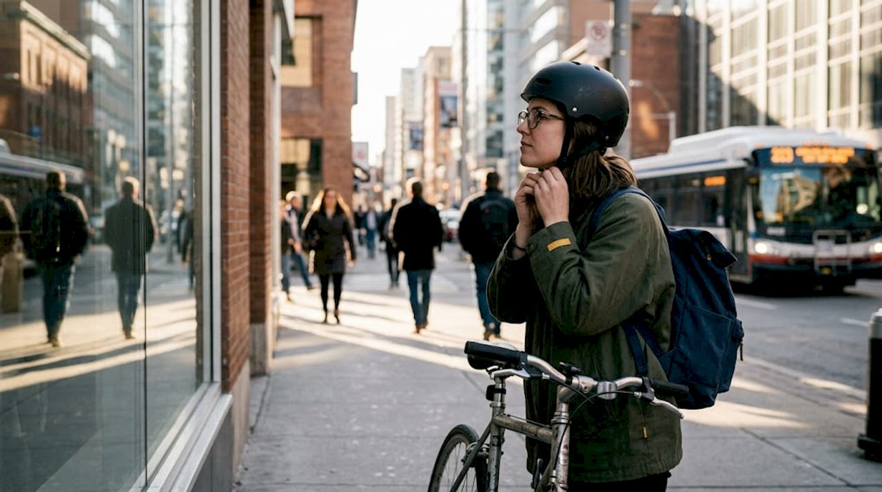 Commuter adjusting helmet fit near city street