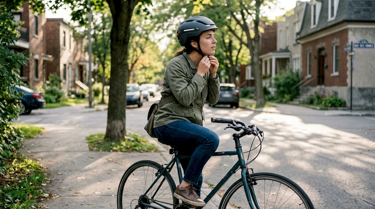 Une femme ajuste son casque connecté avant de monter sur son vélo.