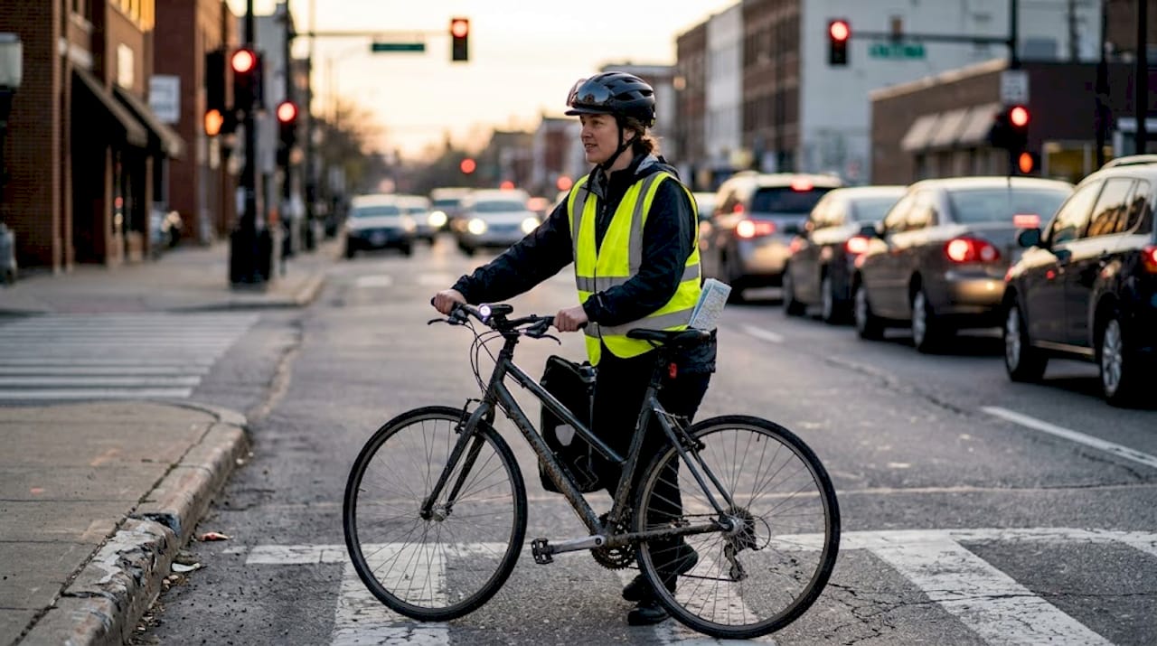 Commuter crossing city street with bicycle