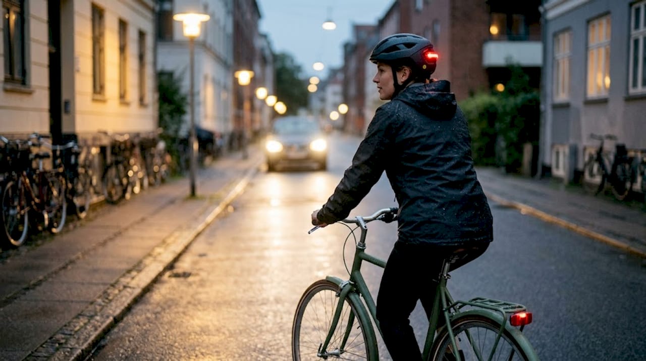 Un cycliste équipé d’un casque lumineux circule à la tombée de la nuit.