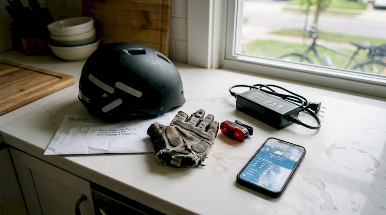 E-bike safety gear arranged on kitchen counter