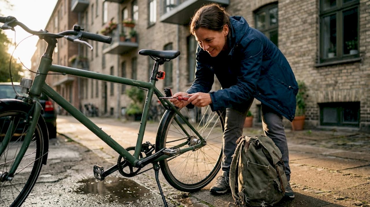 Une femme fixe un catadioptre à l’arrière de son vélo.