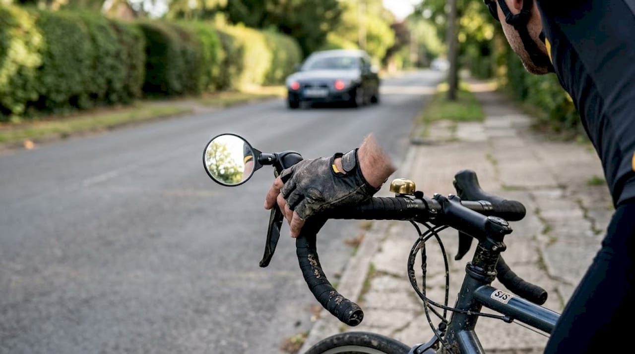 Bar-end bike mirror with car reflected