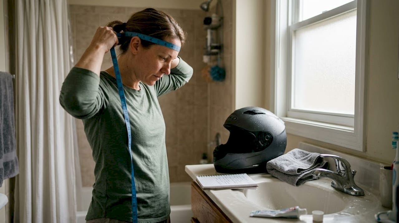 Une femme prend ses mesures de tour de tête pour choisir un casque à sa taille.