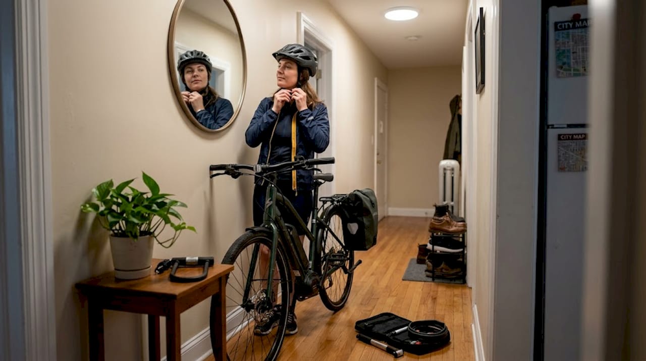 Woman inspecting gear before e-bike ride
