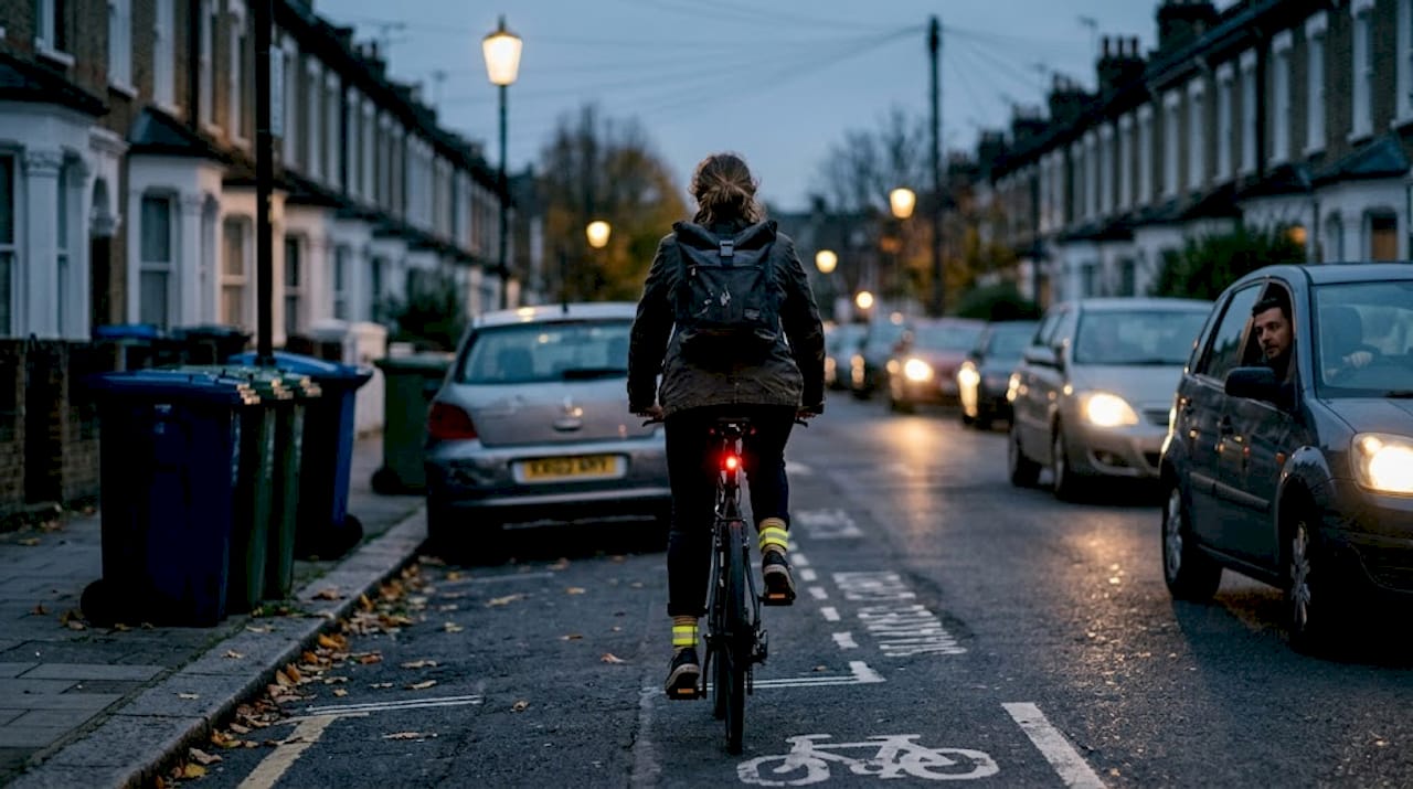 Woman rides with reflective ankle bands and lights